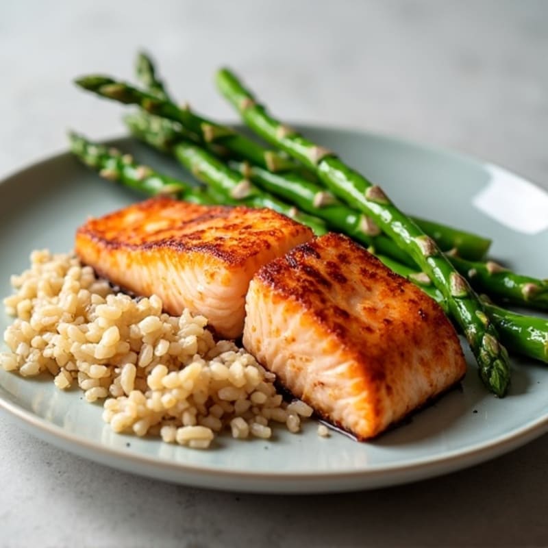 Seared Salmon Fillet with Steamed Asparagus and Brown Rice