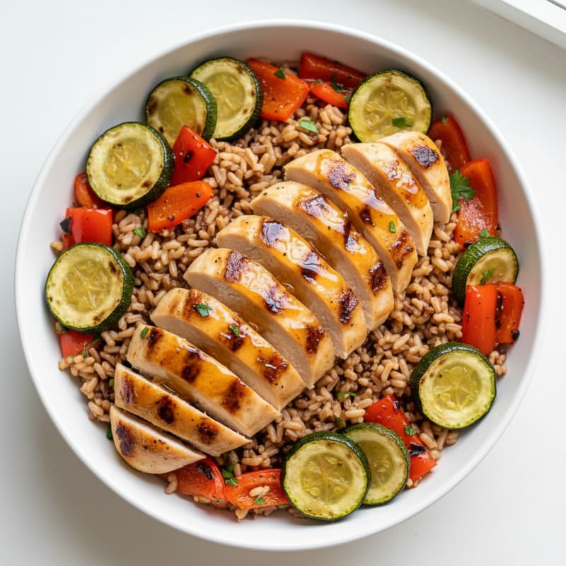 Grilled Chicken and Rice Bowl with Roasted Vegetables