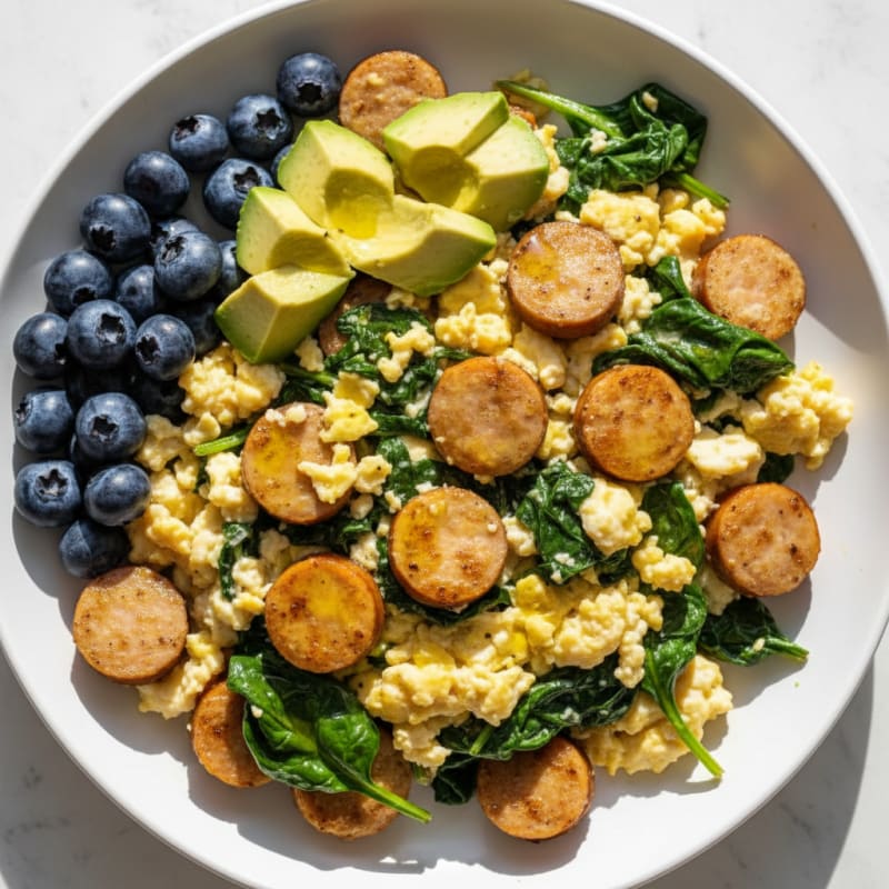 Egg White and Chicken Sausage Scramble with Spinach
