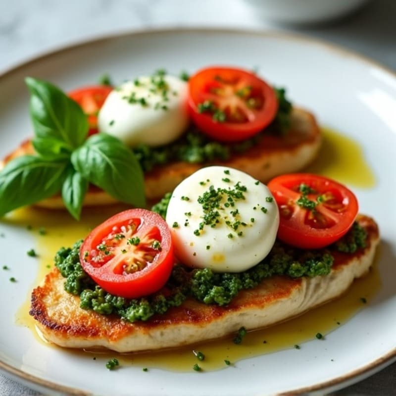 Pan-Seared Chicken with Fresh Tomato, Creamy Mozzarella, and Bright Basil Pesto