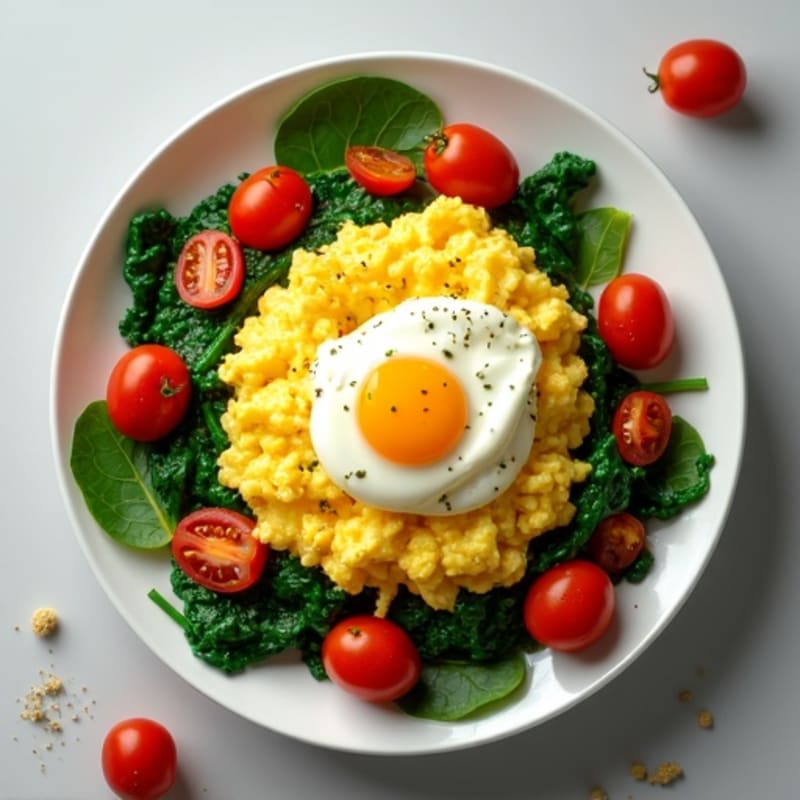 Fluffy Scrambled Eggs with Silky Sautéed Spinach and Burst Cherry Tomatoes