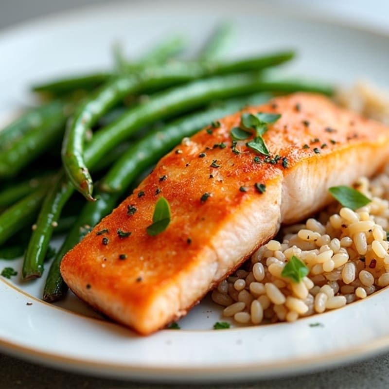Seared Salmon with Garlic Green Beans and Brown Rice