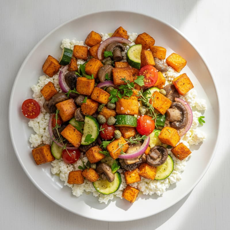 Roasted Sweet Potato & Mushroom Bowl with Cottage Cheese