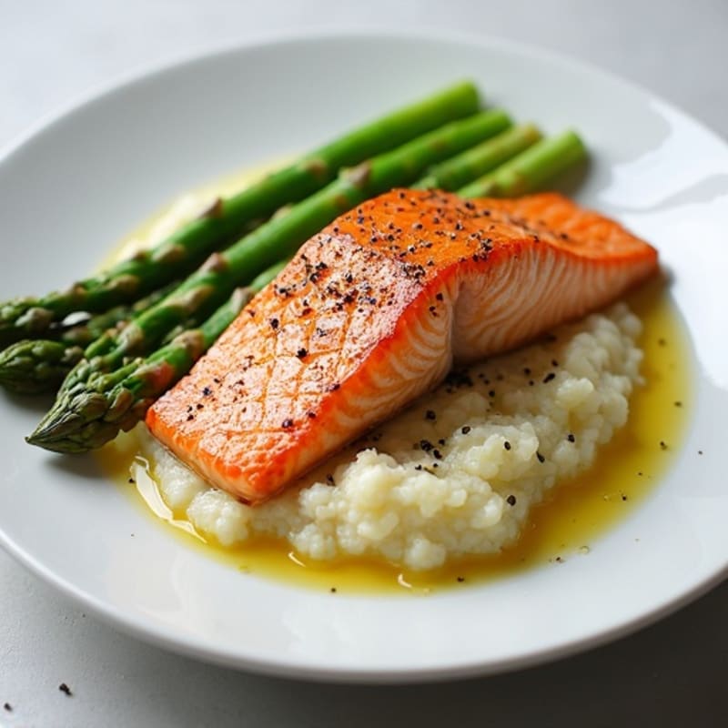 Seared Salmon with Steamed Asparagus and Cauliflower Mash
