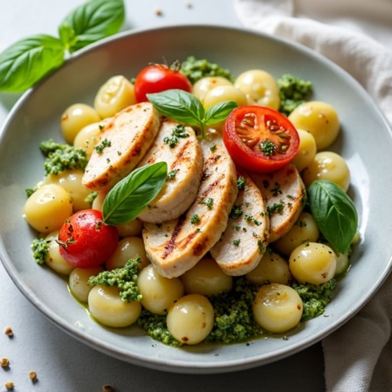 Soft Gnocchi with Fresh Basil Pesto and Blistered Cherry Tomatoes