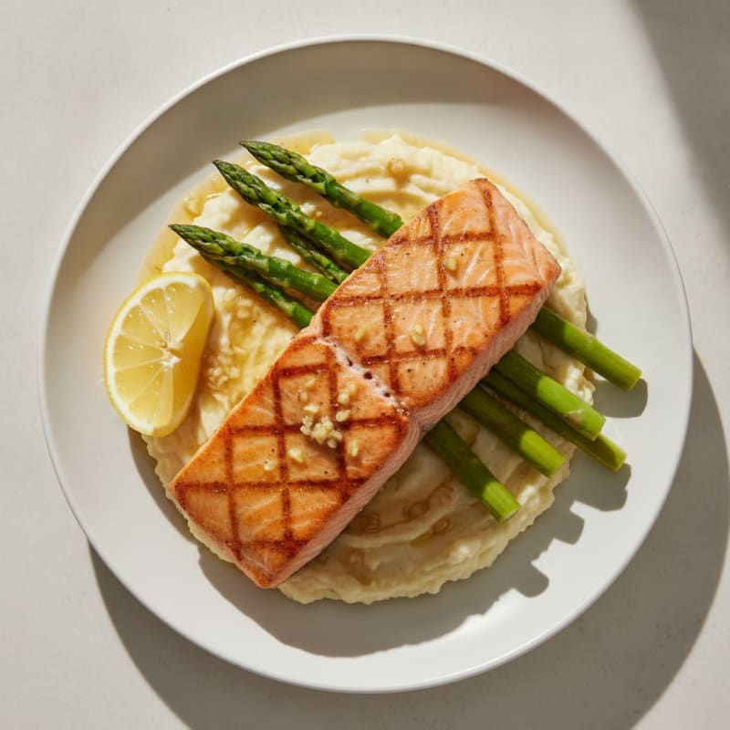 Seared Salmon Fillet with Steamed Asparagus and Cauliflower Mash