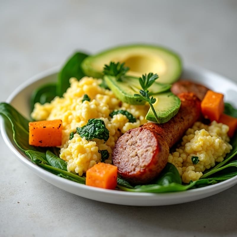 Egg White and Turkey Sausage Scramble with Spinach and Roasted Sweet Potatoes