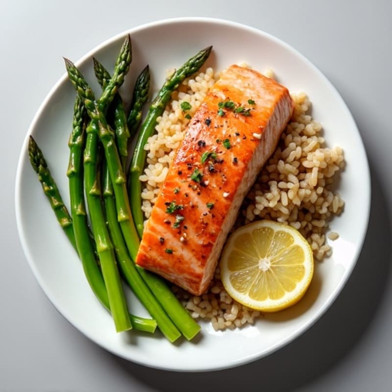 Seared Salmon Fillet with Steamed Asparagus and Brown Rice