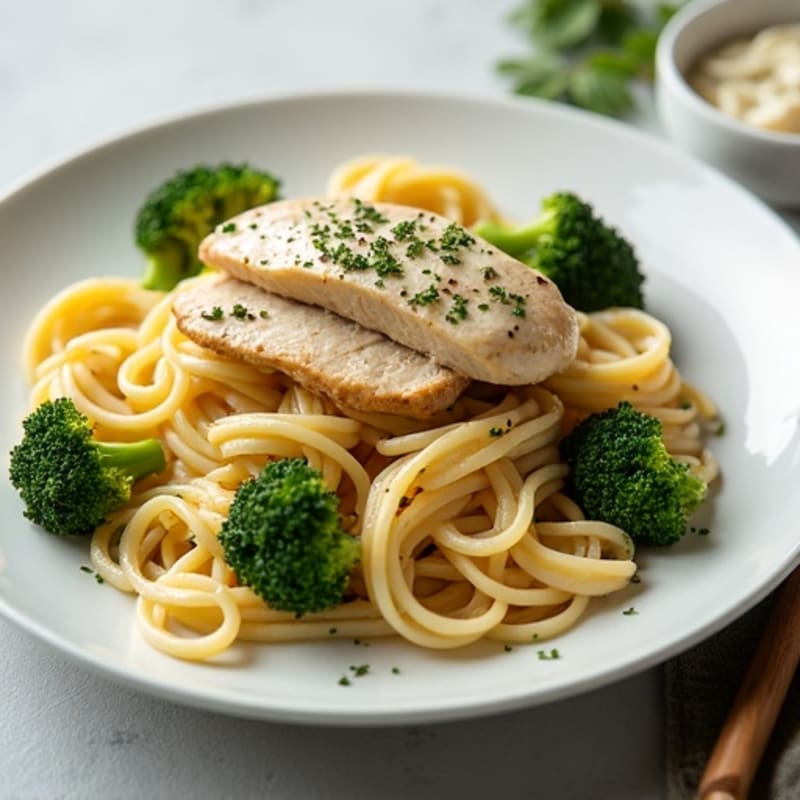 Creamy Cashew Alfredo Pasta with Chicken and Roasted Broccoli