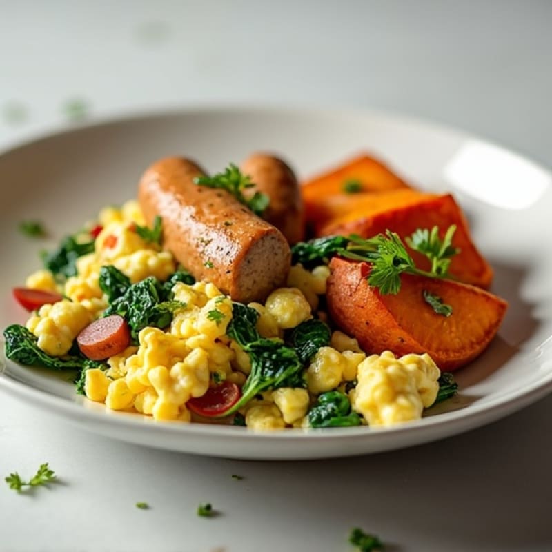 Egg White and Turkey Sausage Scramble with Spinach and Roasted Sweet Potato