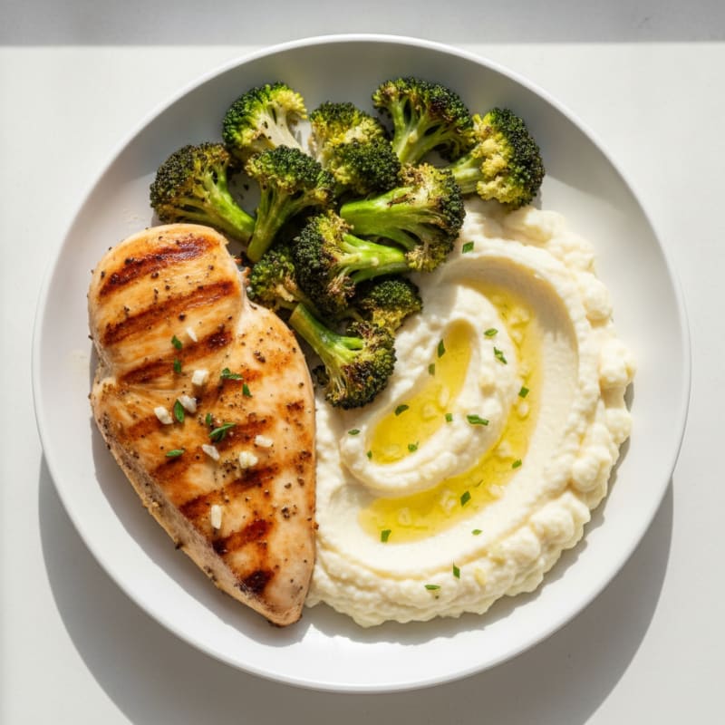 Grilled Chicken Breast with Roasted Broccoli and Cauliflower Mash