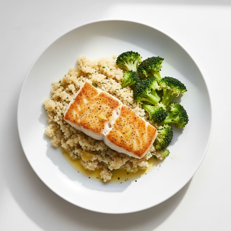 Seared Cod with Steamed Broccoli and Garlic-Lemon Quinoa