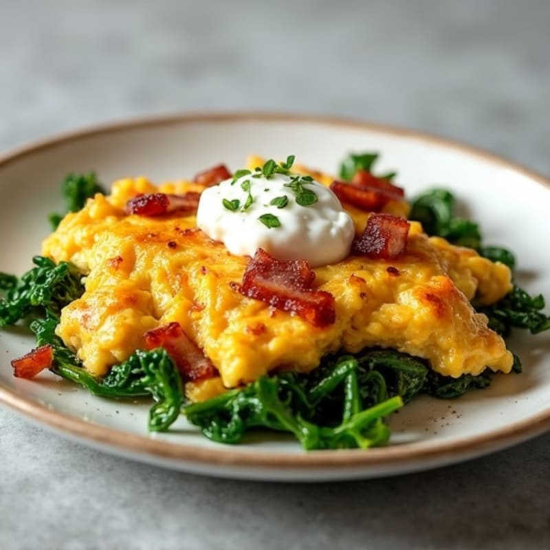 High-Protein Egg Scramble with Crispy Turkey Bacon and Sautéed Greens