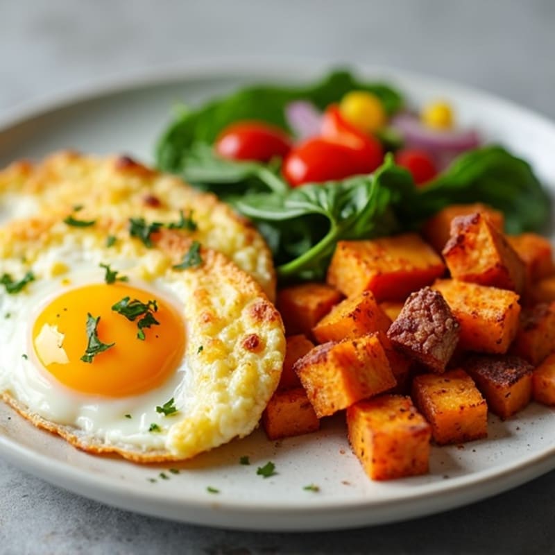 Fluffy Egg and Veggie Scramble with Crispy Sweet Potato Hash