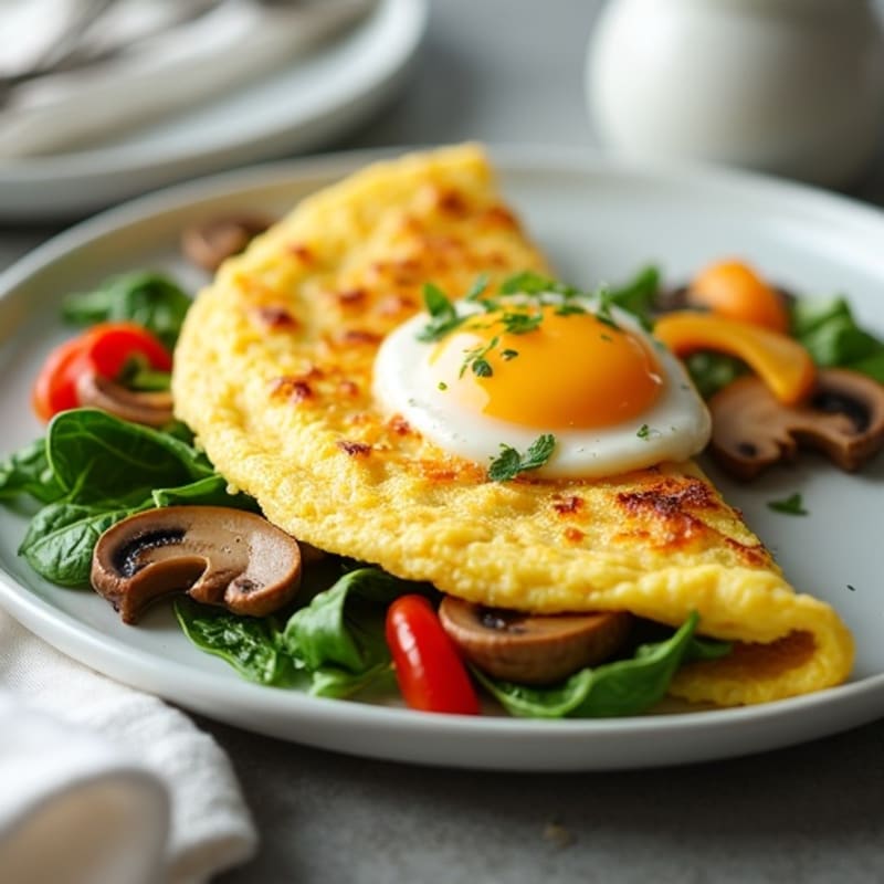Fluffy Egg White Omelet with Fresh Spinach and Sautéed Mushrooms