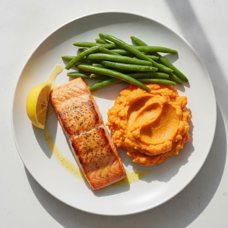Seared Salmon with Steamed Green Beans and Mashed Sweet Potato