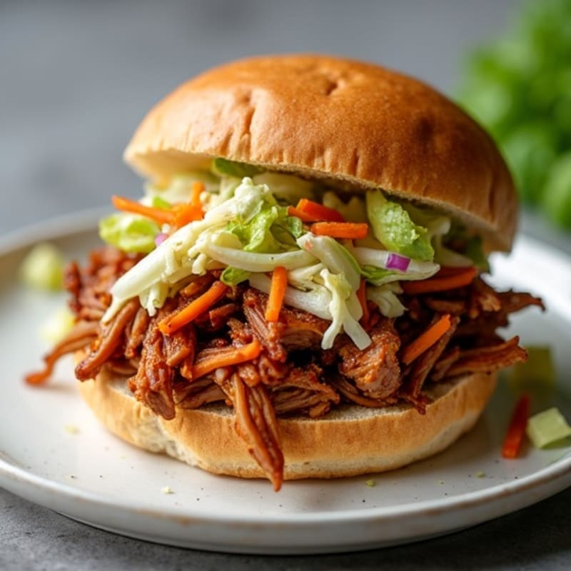 Lean Slow Cooker Pulled Pork with Crunchy Cabbage Slaw on Whole Wheat Buns