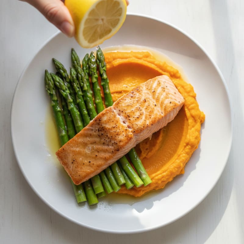 Seared Salmon with Steamed Asparagus and Sweet Potato Mash