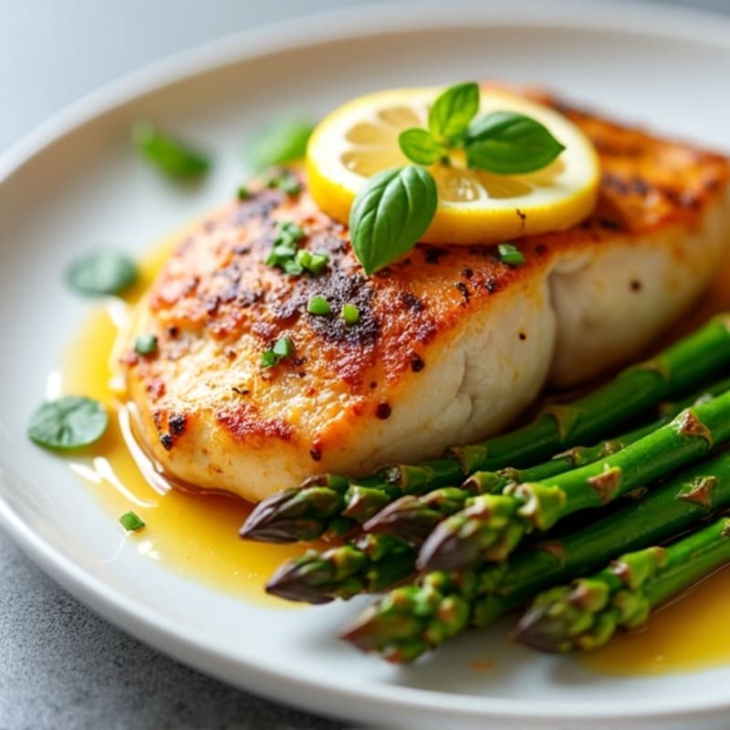 Lemon Garlic Pan-Seared Chicken with Crispy Roasted Asparagus