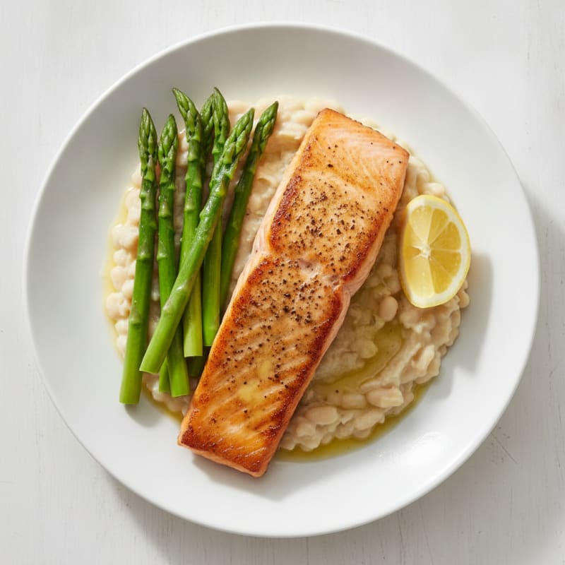 Seared Salmon with Creamy White Bean Mash and Steamed Asparagus