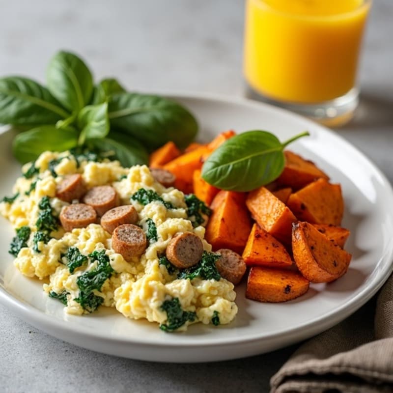 Egg White and Turkey Sausage Scramble with Spinach and Roasted Sweet Potatoes
