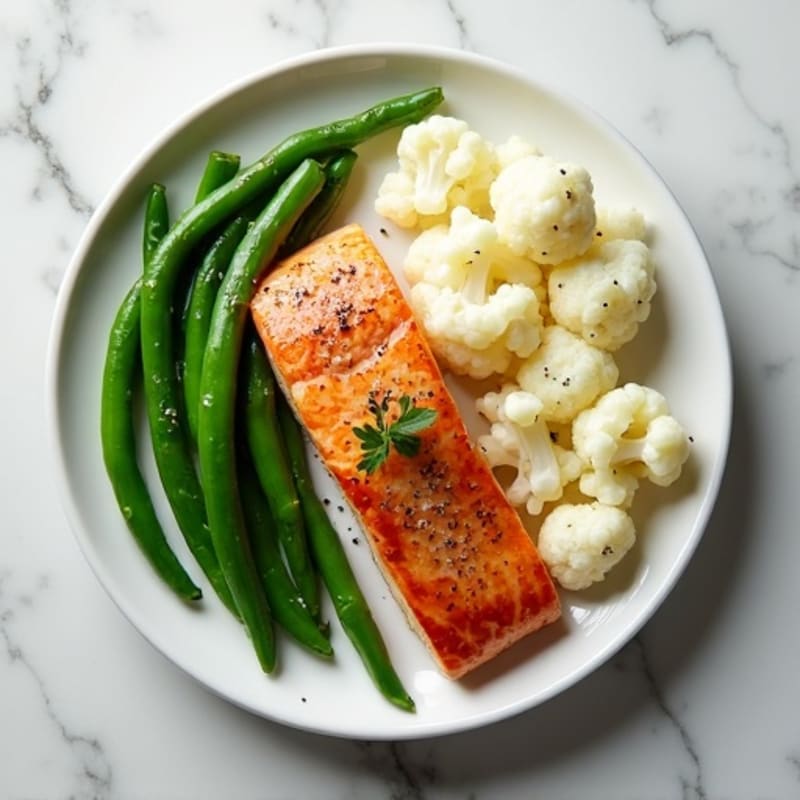 Seared Salmon Fillet with Steamed Green Beans and Garlic Mashed Cauliflower