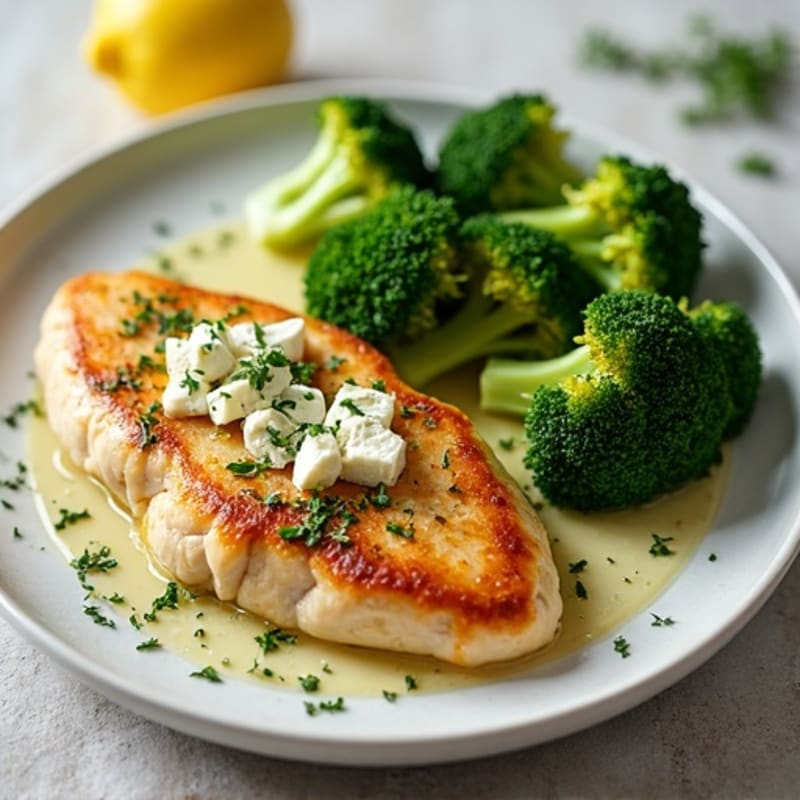 Lemon Herb Baked Chicken with Fresh Fat-Free Feta and Roasted Broccoli