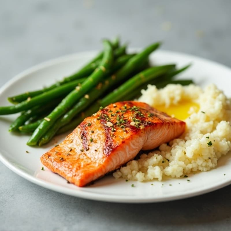 Seared Salmon Fillet with Garlic Green Beans and Cauliflower Mash