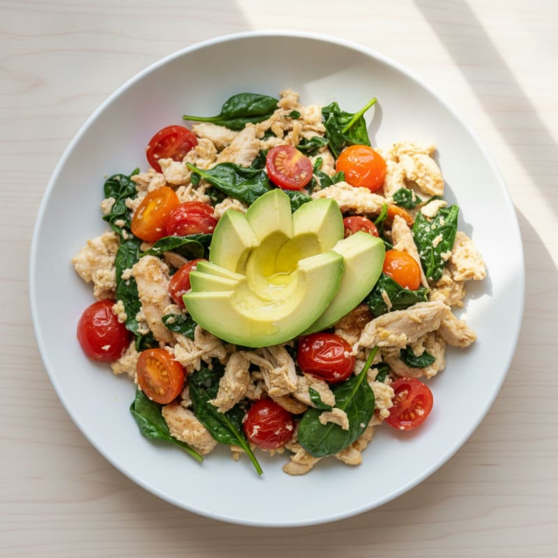 Chicken Egg White Scramble with Spinach and Cherry Tomatoes