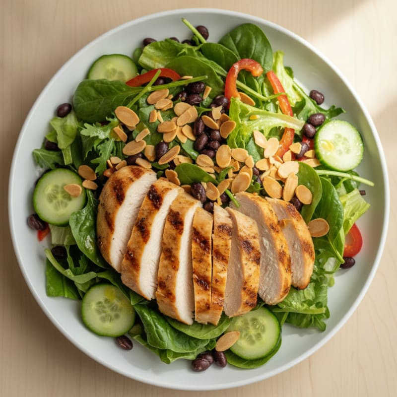 Grilled Chicken and Black Bean Salad with Leafy Greens and Crunchy Veggies