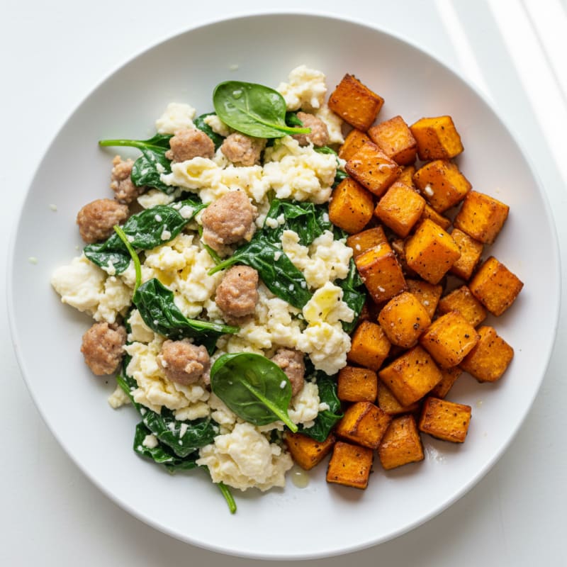 Egg White and Turkey Sausage Scramble with Spinach and Roasted Sweet Potato