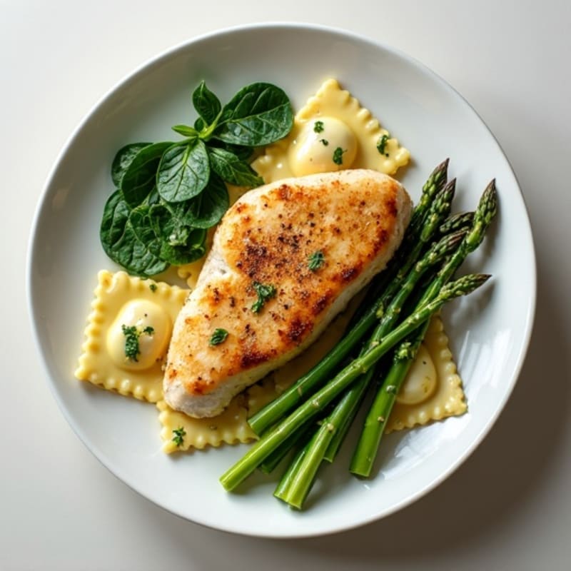 Creamy Spinach Ravioli with Pan-Seared Chicken and Roasted Asparagus