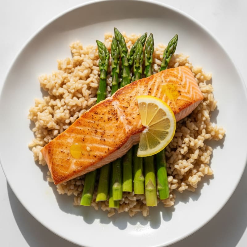 Seared Salmon Fillet with Steamed Asparagus and Brown Rice