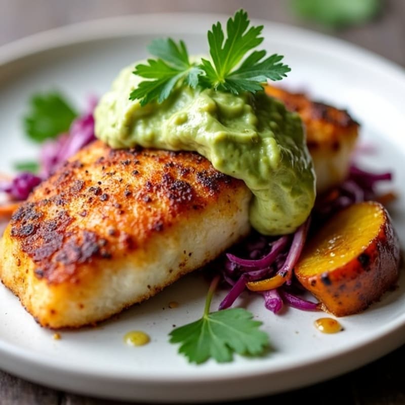 Blackened Cod with Creamy Avocado Slaw and Roasted Plantains