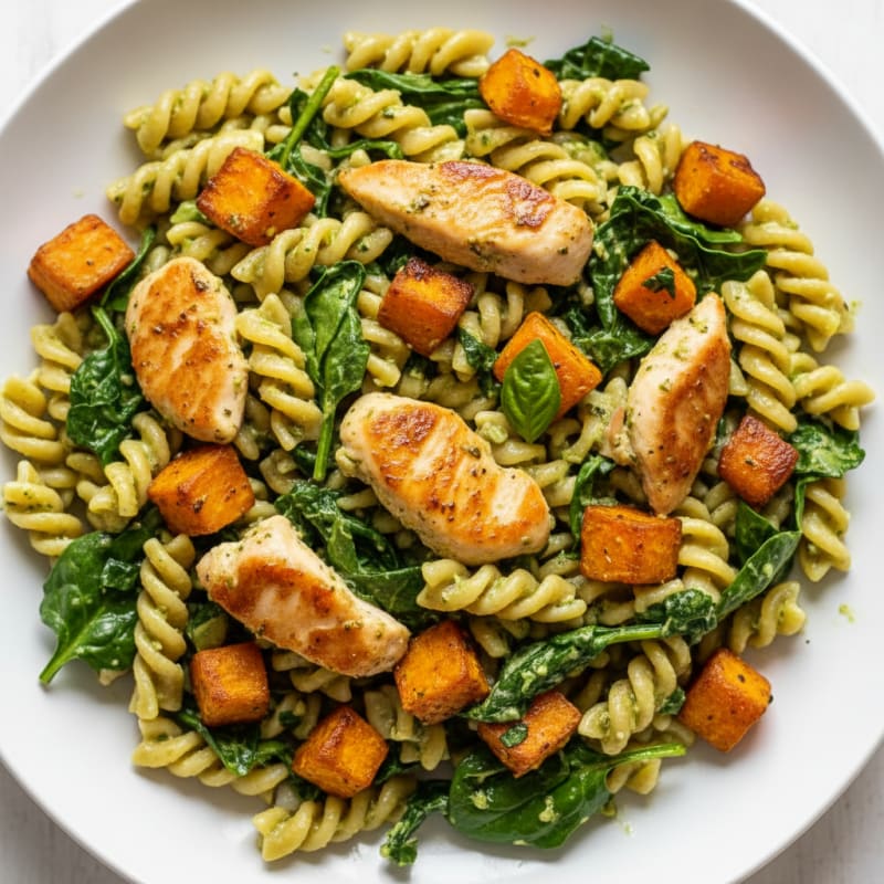 Creamy Pesto Chicken Pasta with Roasted Sweet Potato Cubes