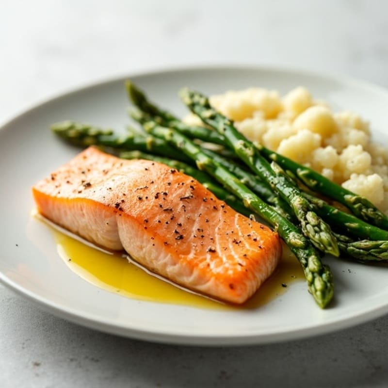 Seared Salmon with Steamed Asparagus and Cauliflower Mash