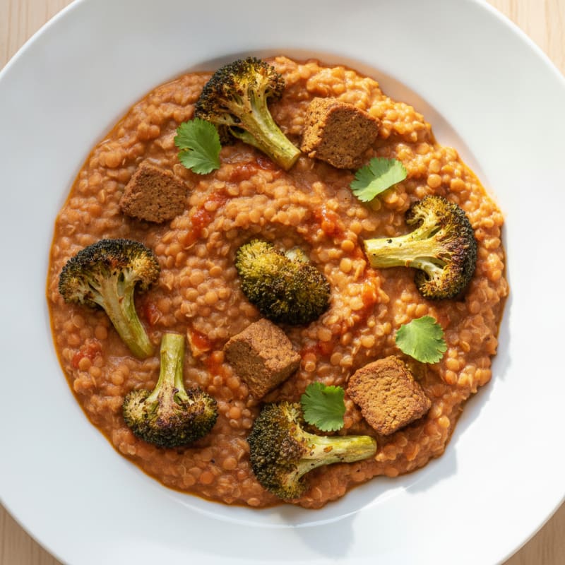 Silky Lentil and Quinoa Stew with Roasted Broccoli