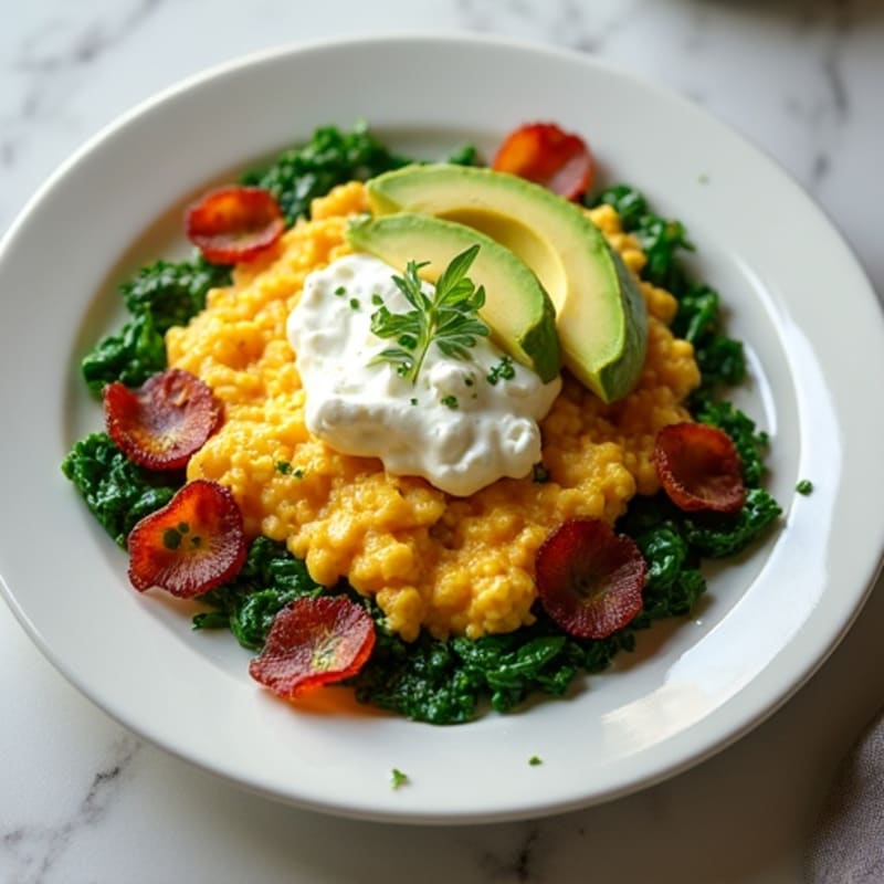 Crispy Turkey Bacon Egg White Scramble with Spinach and Cottage Cheese