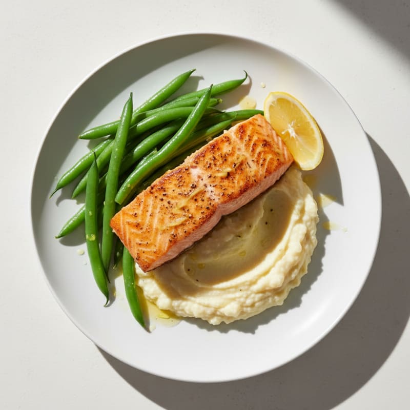 Seared Salmon with Steamed Green Beans and Cauliflower Mash