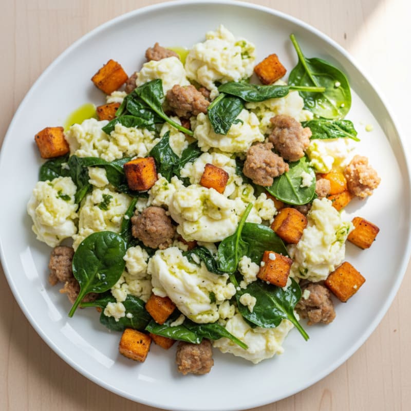Crispy Egg White and Turkey Sausage Scramble with Spinach