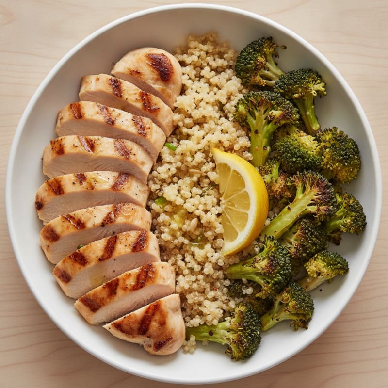 Grilled Chicken and Quinoa Bowl with Roasted Broccoli