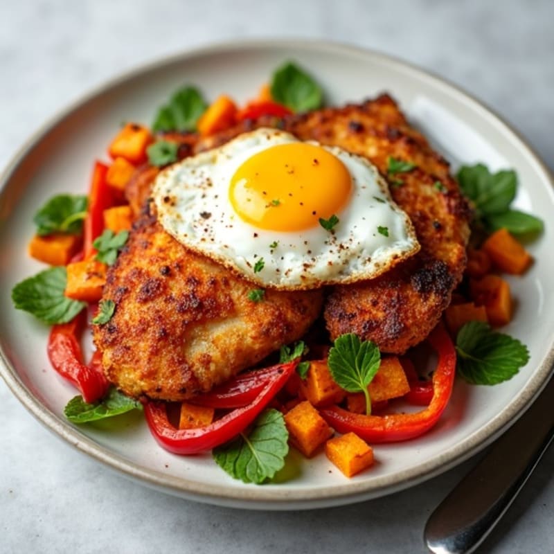 Crispy Chicken and Egg Hash with Roasted Sweet Potatoes