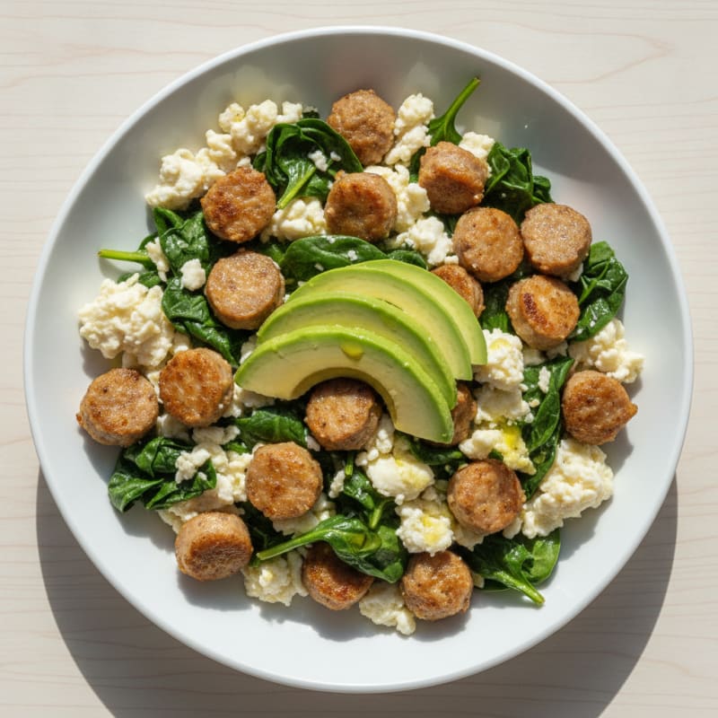 Egg White and Turkey Sausage Scramble with Sautéed Spinach