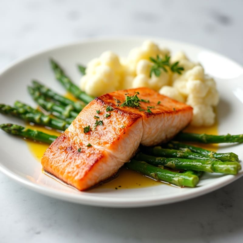 Seared Salmon with Steamed Asparagus and Mashed Cauliflower