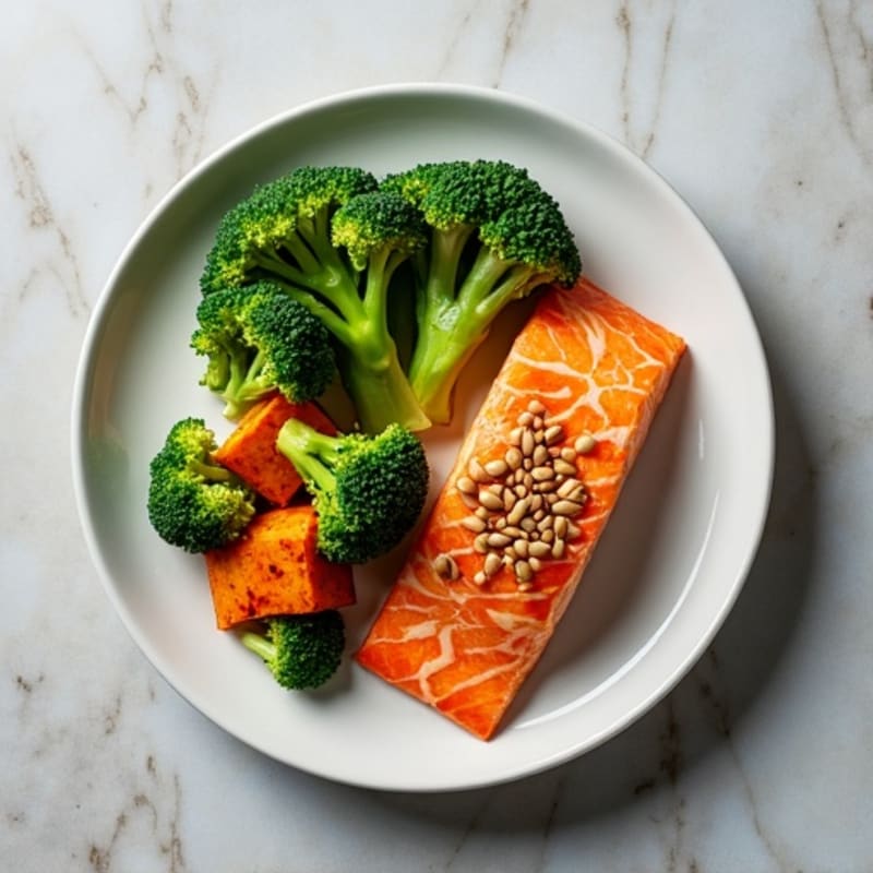Seared Salmon with Steamed Broccoli, Roasted Sweet Potato and Sunflower Seeds