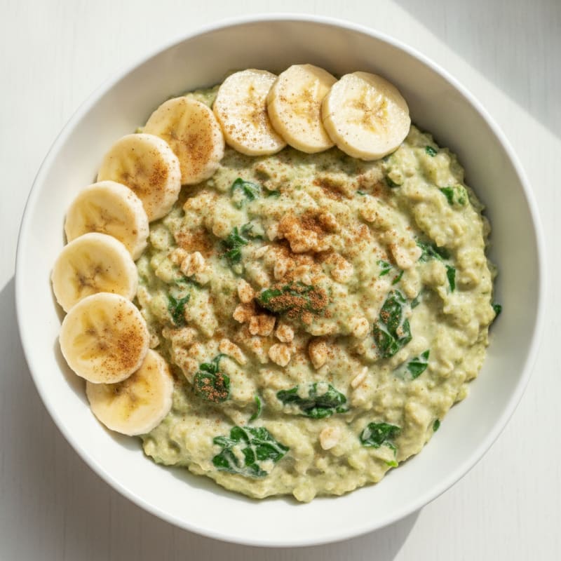 Egg White and Spinach Oatmeal Bowl with Sliced Banana