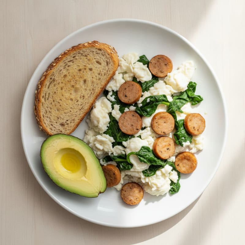 Egg White Scramble with Chicken Sausage and Spinach