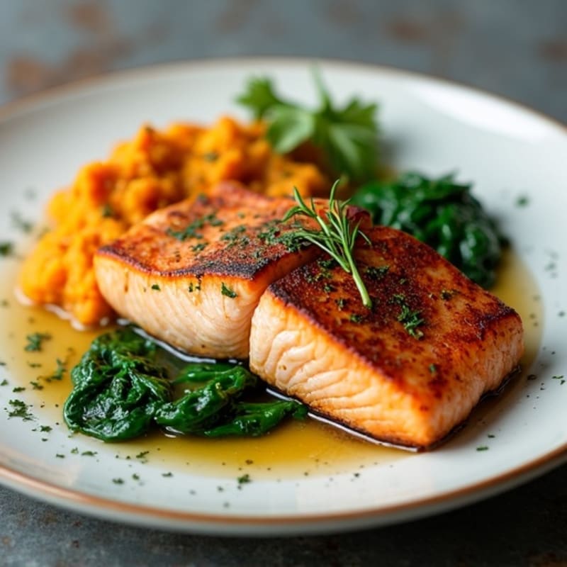 Seared Salmon with Garlic Spinach and Sweet Potato Mash