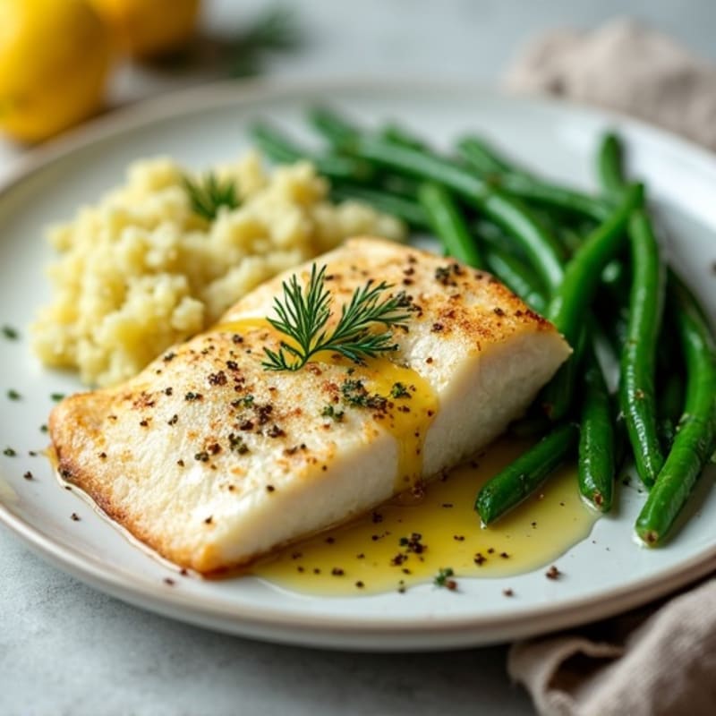 Baked Cod with Herb-Crushed Potatoes and Steamed Green Beans