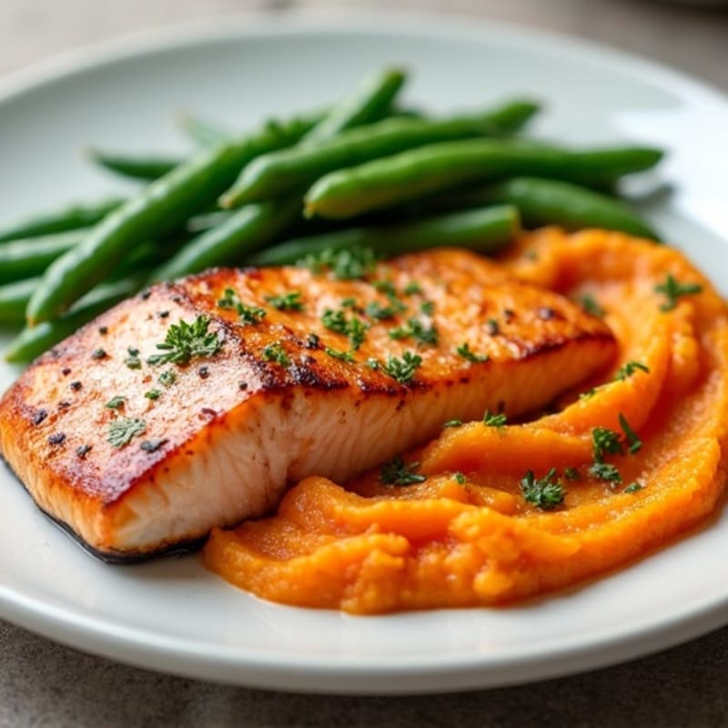 Seared Salmon Fillet with Steamed Green Beans and Sweet Potato Mash
